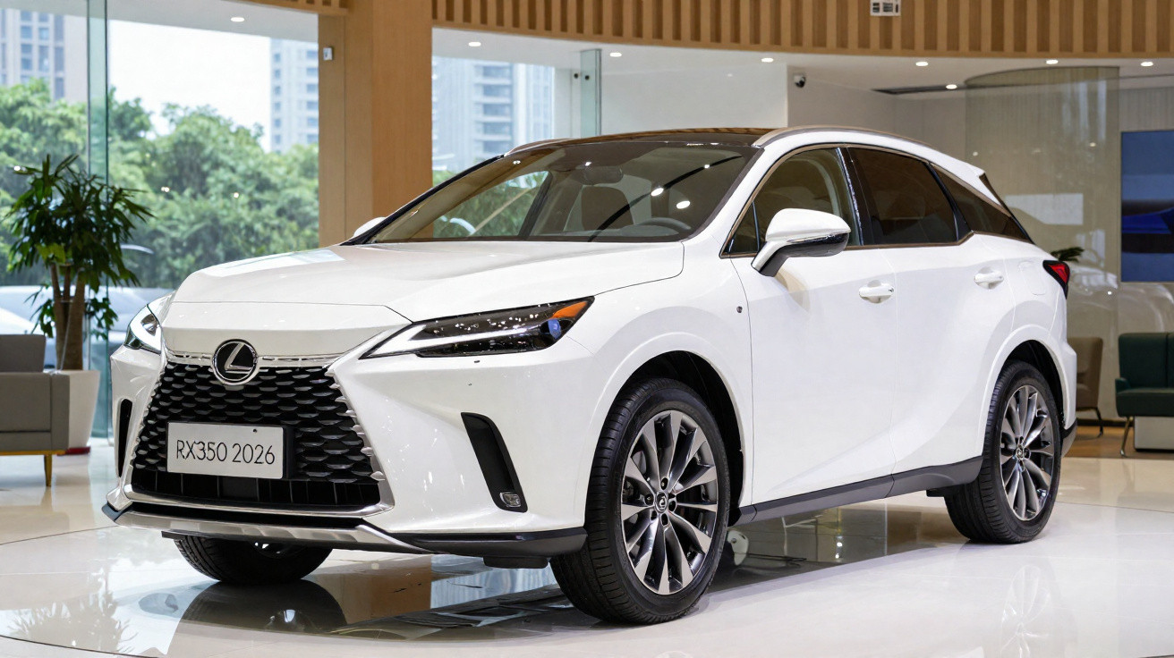SUV branco Lexus RX350 2026 exibido em showroom moderno com iluminação natural e móveis ao fundo.