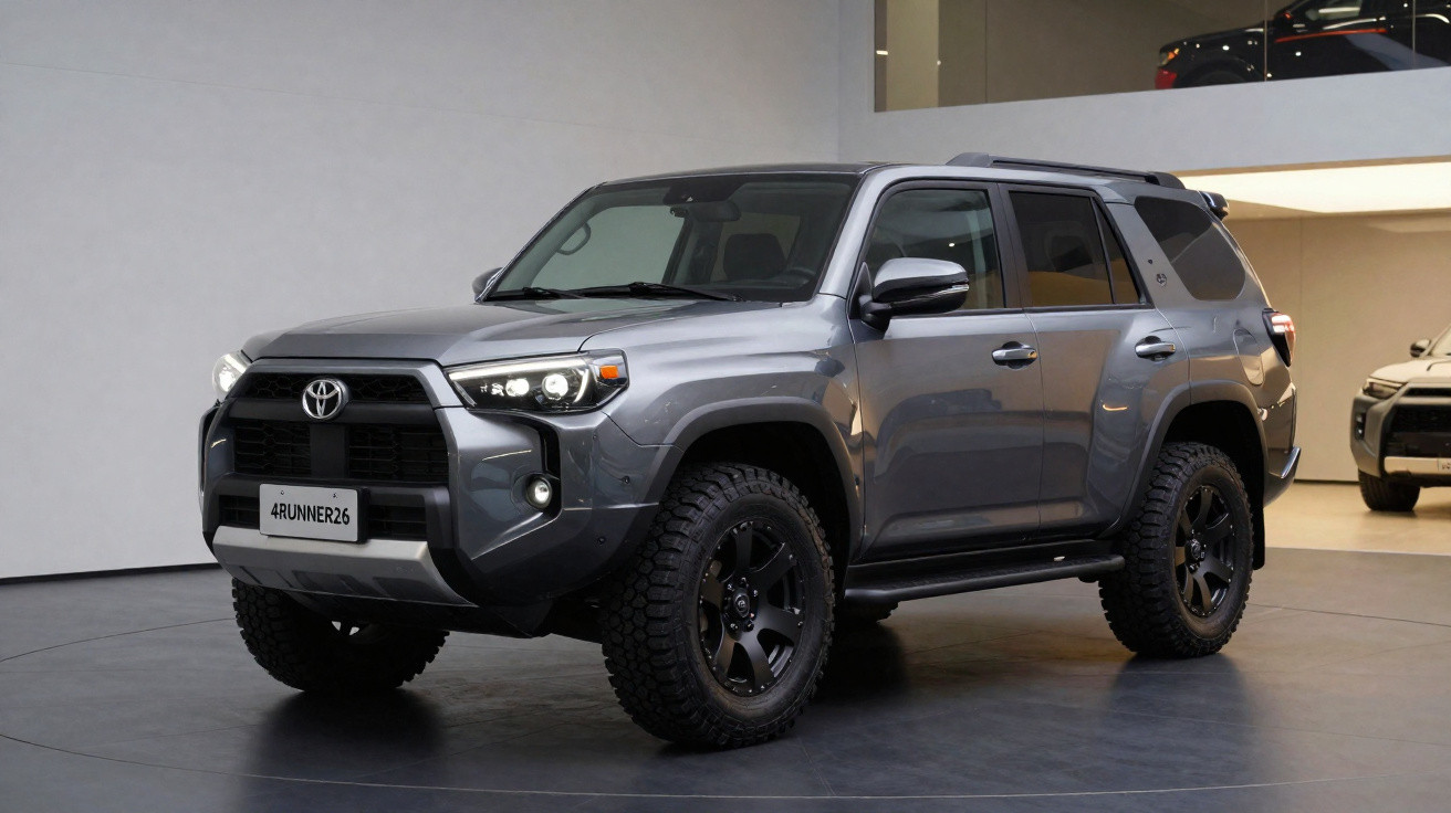 SUV Toyota 4Runner cinza estacionado em ambiente fechado com piso escuro, vista frontal lateral direita.