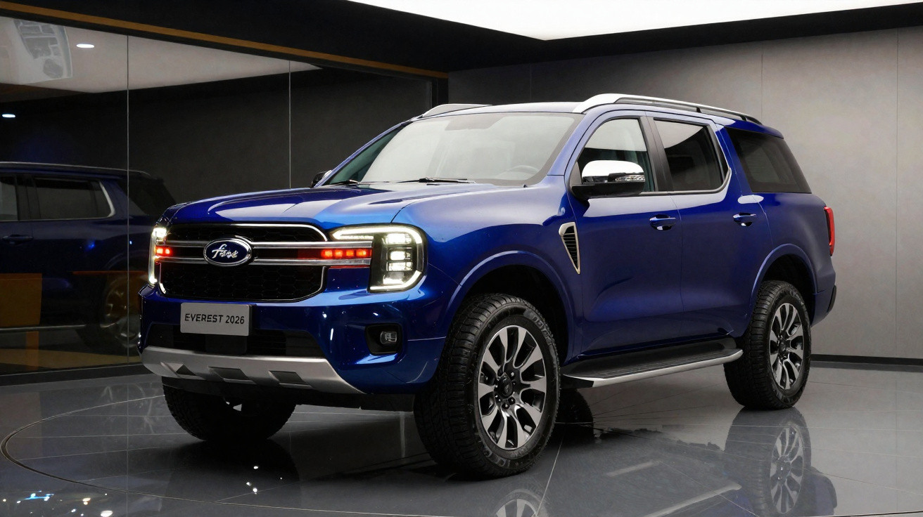SUV azul Ford Everest 2026 estacionado em ambiente interno com luzes dianteiras acesas.
