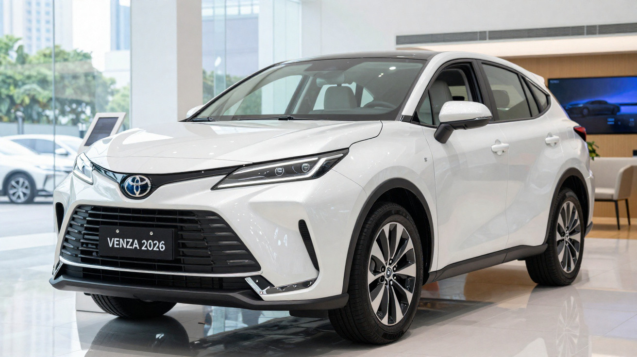 Carro Toyota Venza 2026 branco exibido em showroom moderno com piso brilhante e iluminação natural.