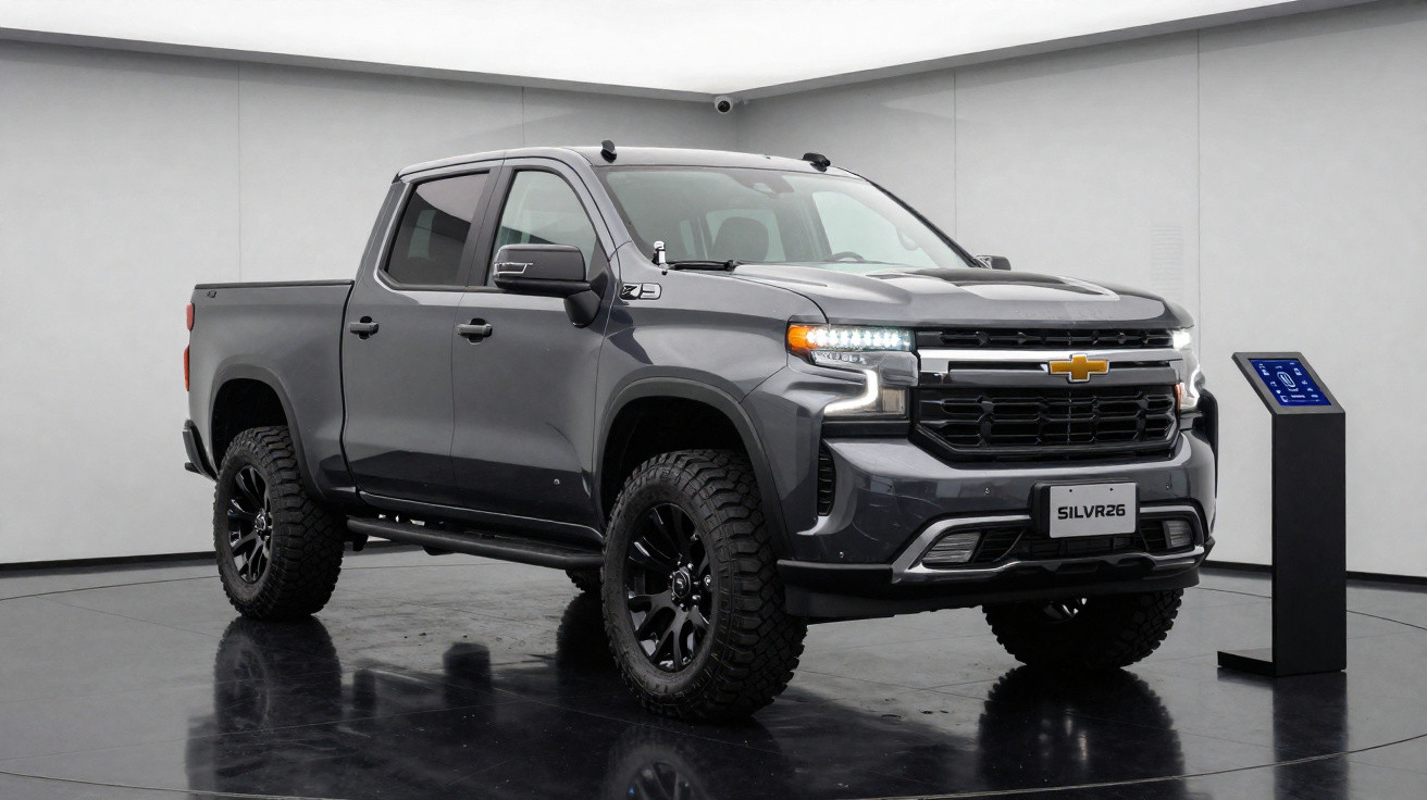 Picape Chevrolet Silverado cinza escuro elegante em ambiente interno moderno.