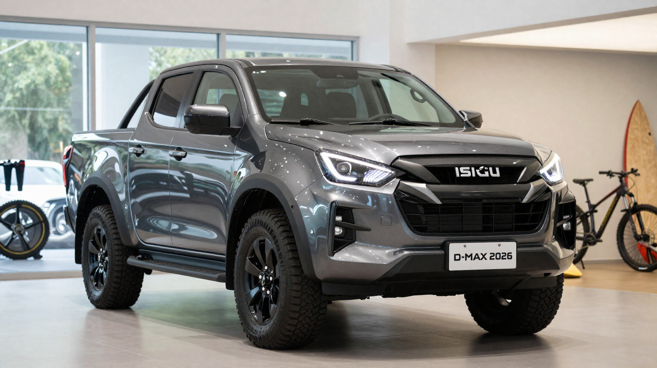 Picape cinza Isigu D-Max 2026 em exposição interna com bicicletas e prancha de surf ao fundo.