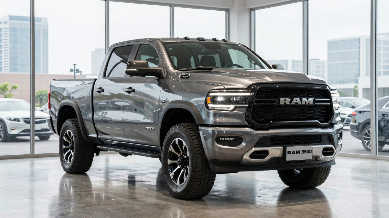 Picape RAM 3500 cinza escura exibida em showroom moderno com janelas grandes.