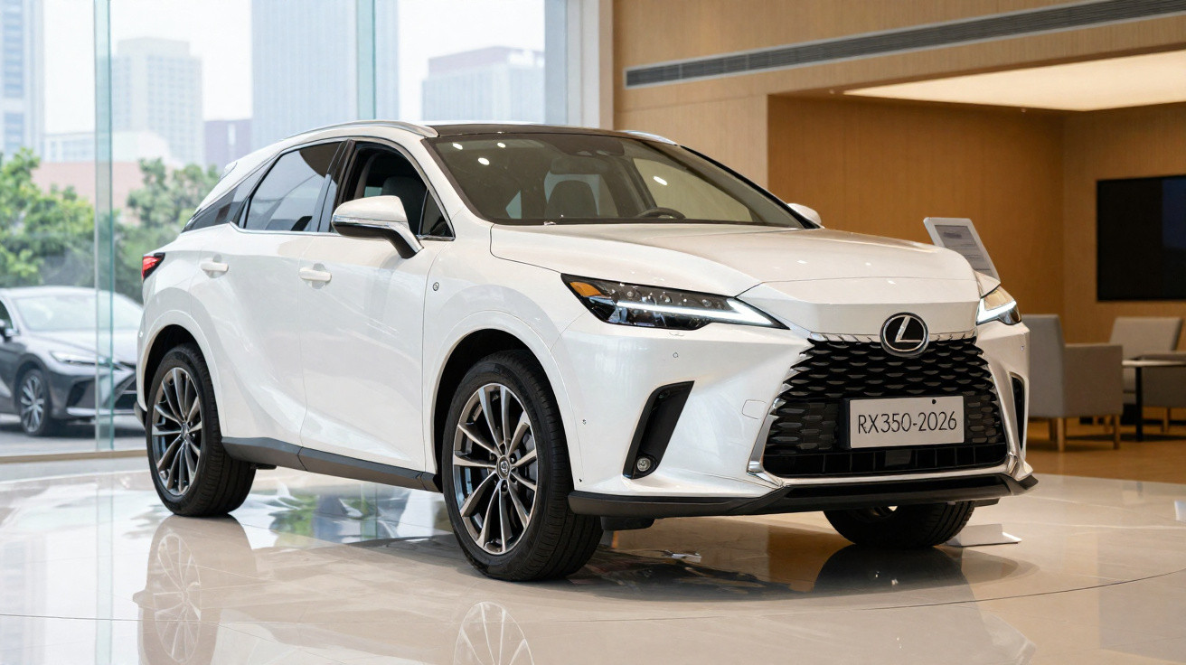 Carro SUV branco Lexus RX350 modelo 2022 exibido em showroom moderno iluminado.
