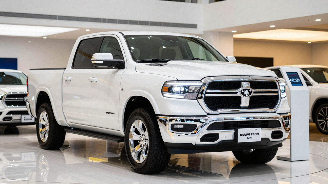 Picape branca Ram 1500 2021 exibida em showroom moderno e bem iluminado.