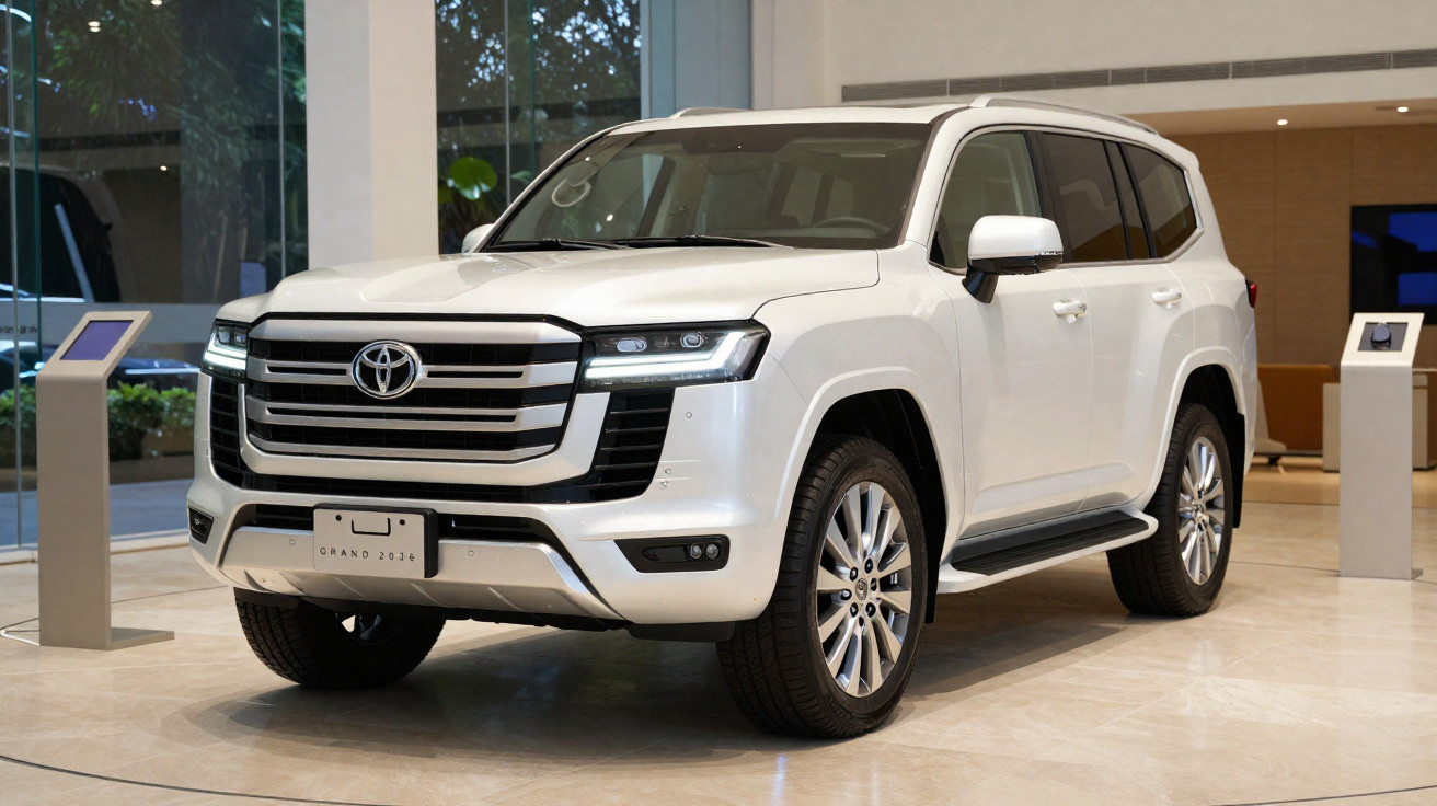 SUV branco Toyota Land Cruiser 2024 exibido em showroom moderno com iluminação natural.
