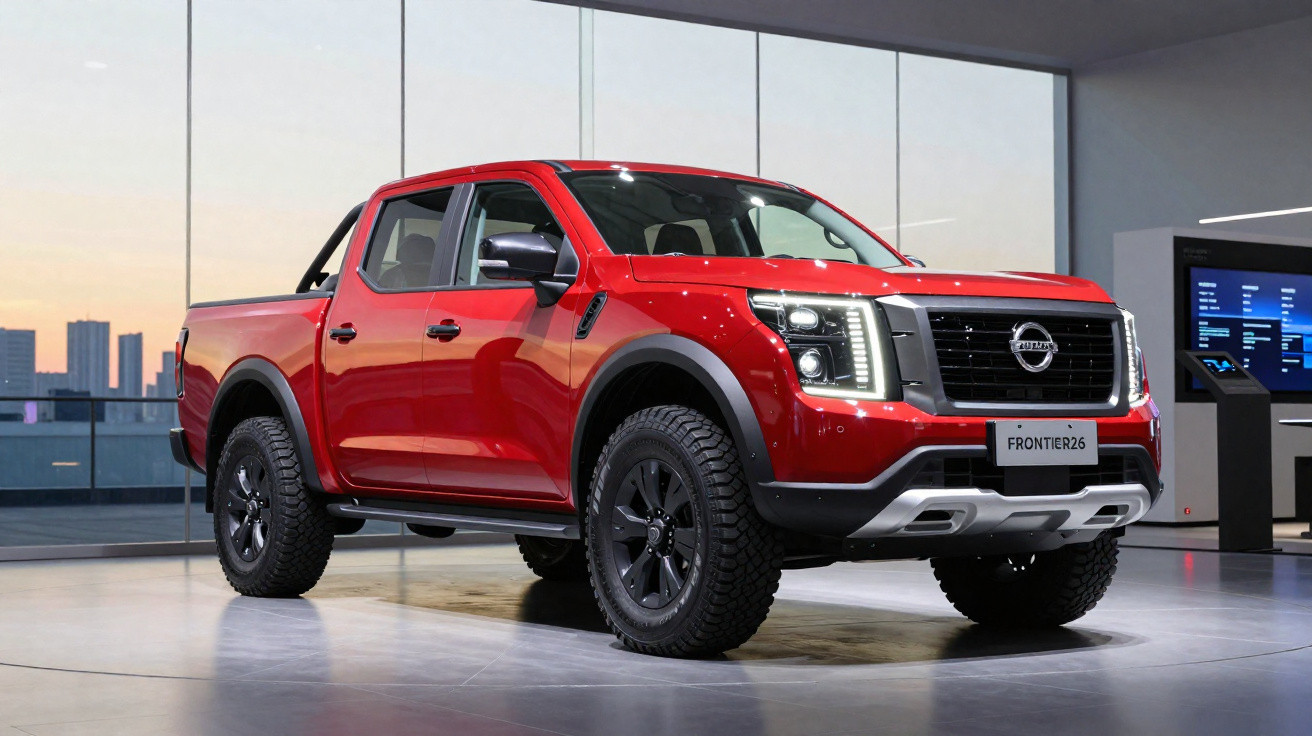 Picape Nissan Frontier 2024 vermelha exposta em ambiente interno moderno com grandes janelas.