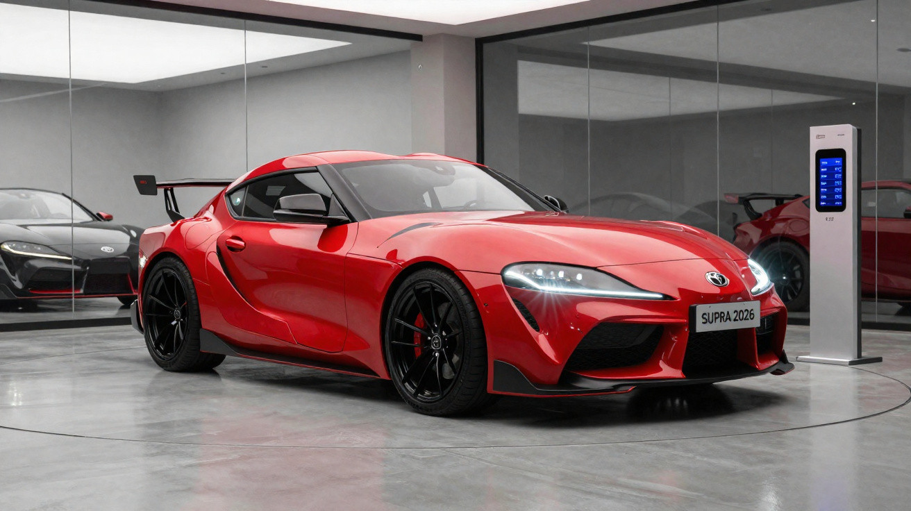 Carro esportivo Toyota Supra 2026 vermelho em showroom moderno com piso cinza e parede espelhada.
