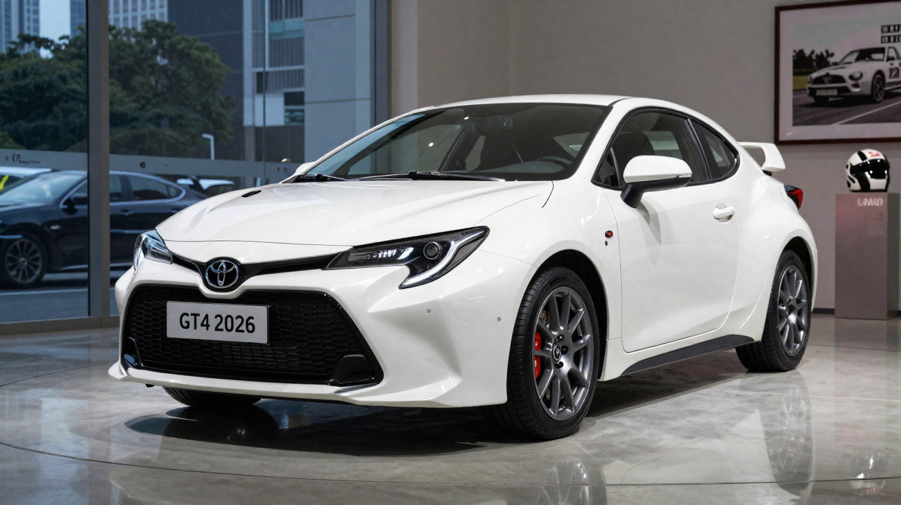 Carro esportivo branco Toyota GT4 2026 em exposição com ambiente moderno e vidros ao fundo.