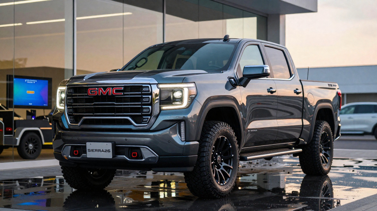 Picape GMC Sierra cinza estacionada em piso molhado com prédio moderno ao fundo.