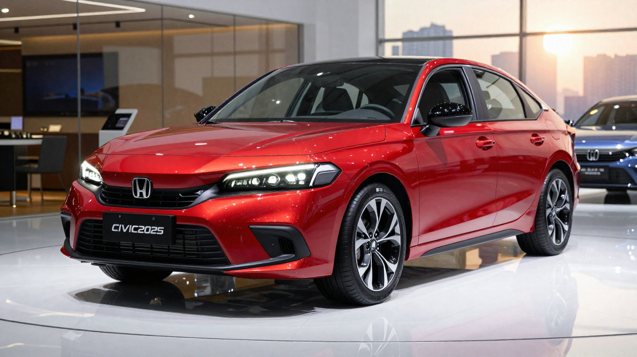 Carro Honda Civic 2025 vermelho exposto em showroom moderno com iluminação suave e piso branco brilho.