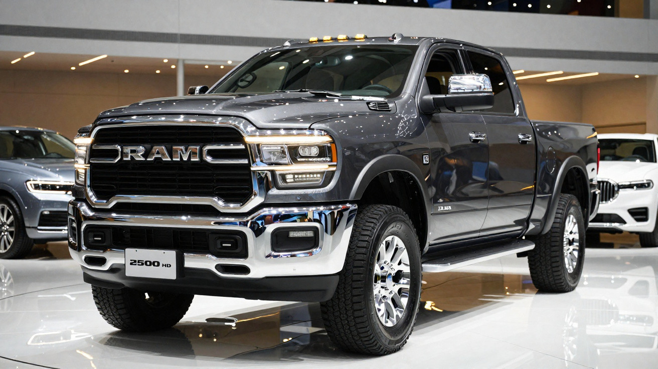 Picape RAM 2500 HD cinza exibida em salão de automóveis com acabamento cromado.