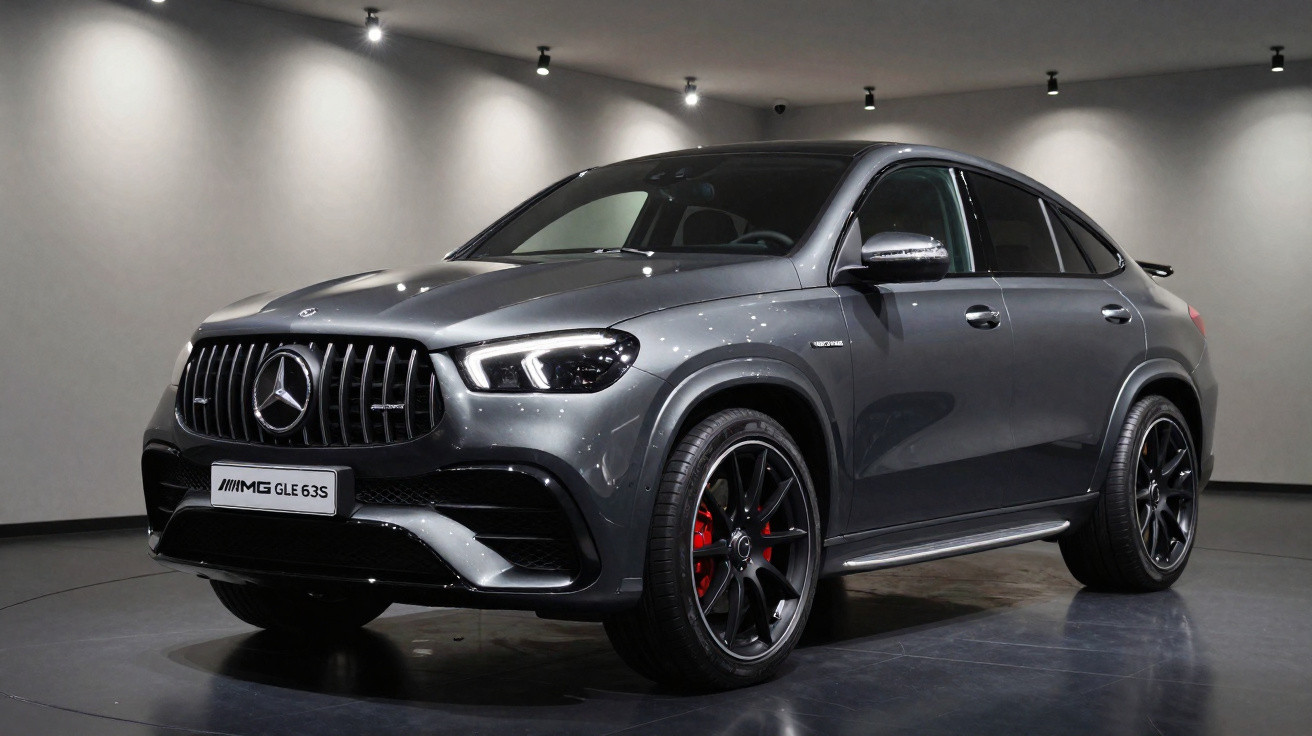 Mercedes-Benz AMG GLE 63S cinza em destaque em showroom moderno com iluminação focada.