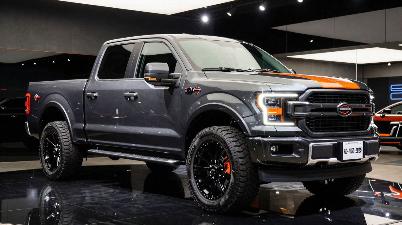 Picape Ford F-150 cinza com detalhes laranja exibida em showroom moderno e iluminado.
