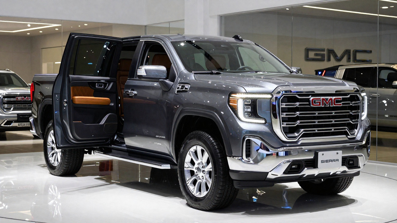 Picape GMC Sierra cinza em exposição, com a porta traseira esquerda aberta, em ambiente interno iluminado.