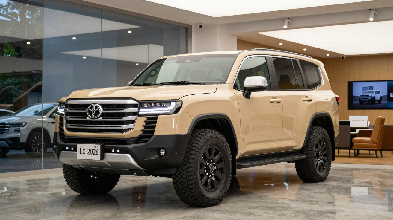 SUV Toyota Land Cruiser bege exibido em showroom moderno com piso de mármore e parede de vidro.