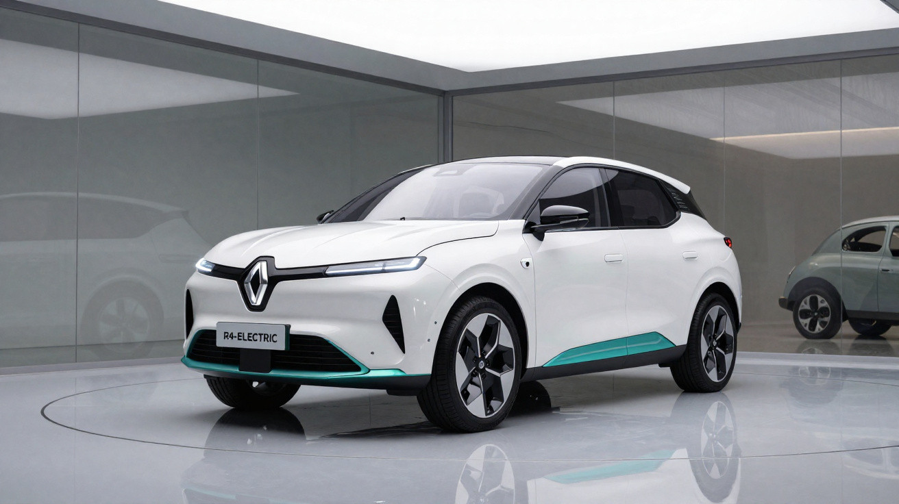 Carro elétrico compacto Renault branco em exposição, modelo R4 Electric, com detalhes em azul.