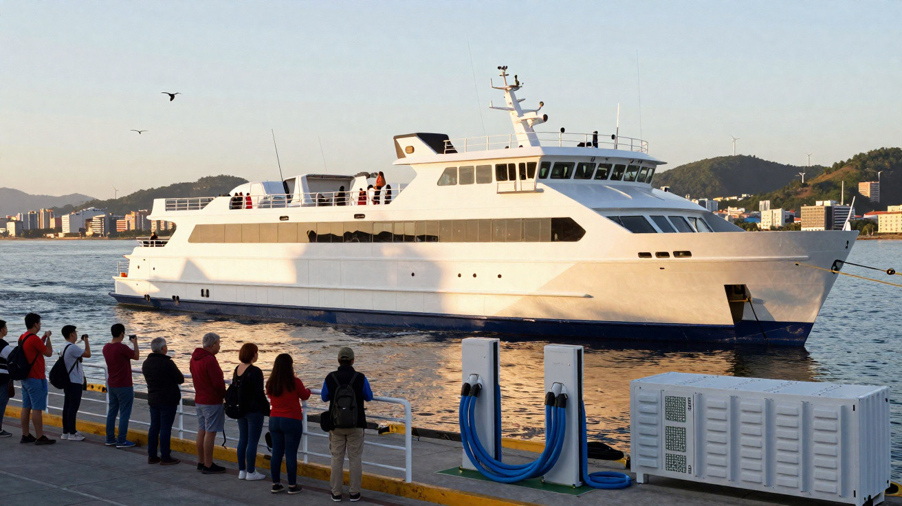 Barco branco ancorado, com pessoas esperando na beira do cais ao entardecer.