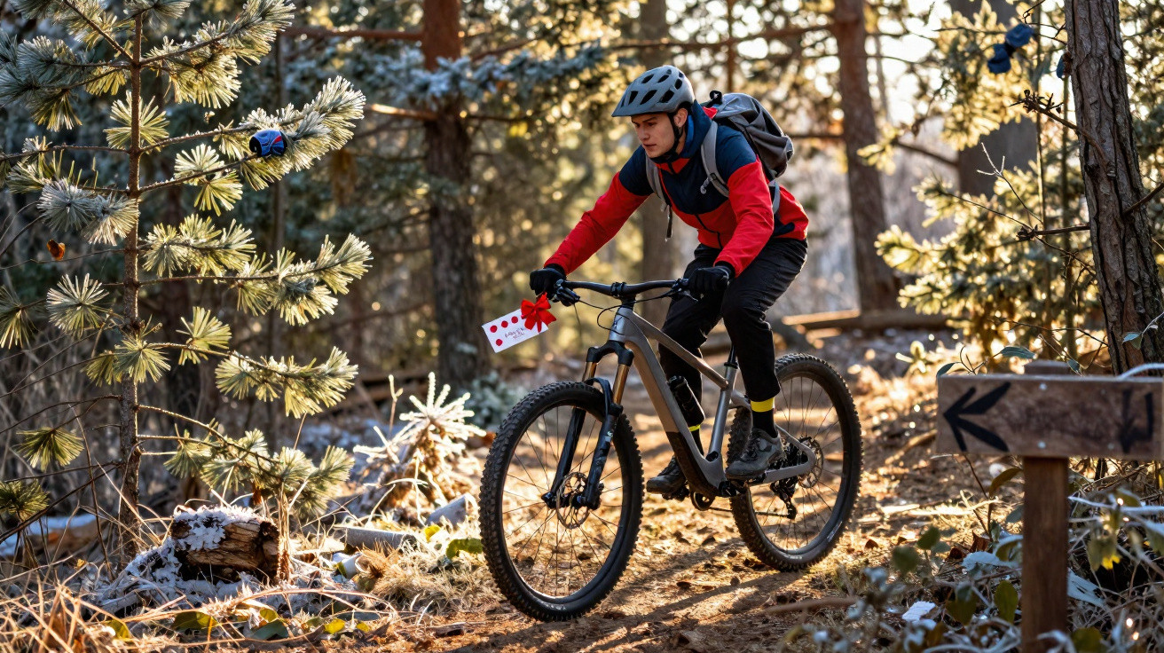Homem de casaco vermelho e capacete andando de bicicleta de montanha em trilha forestal com luz do sol.