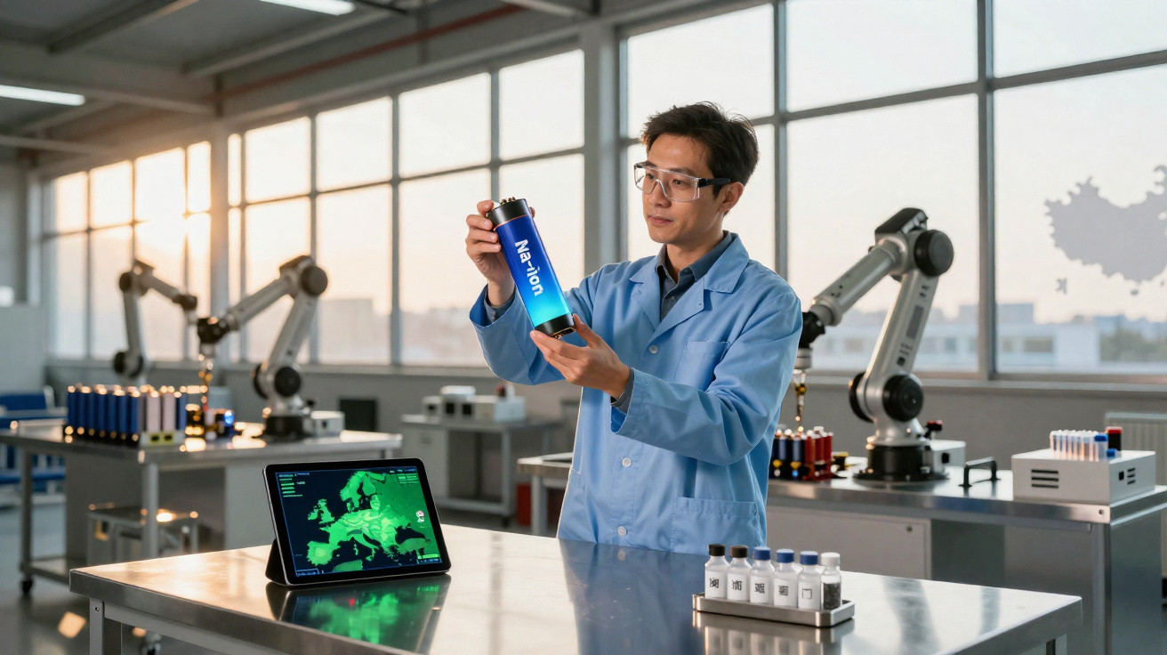 Cientista em laboratório moderno segura bateria de íon de lítio com robôs industriais ao fundo.