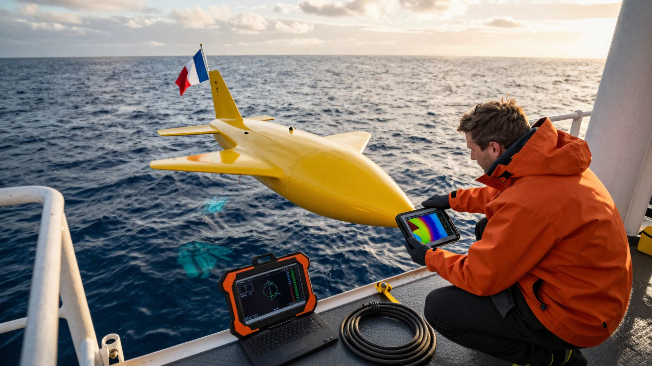 Pesquisador operando dispositivo amarelo subaquático com bandeira francesa em navio no mar aberto.
