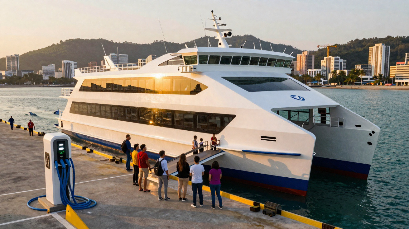 Barco branco atracado com pessoas na fila e estação de carregamento elétrico no cais ao pôr do sol.