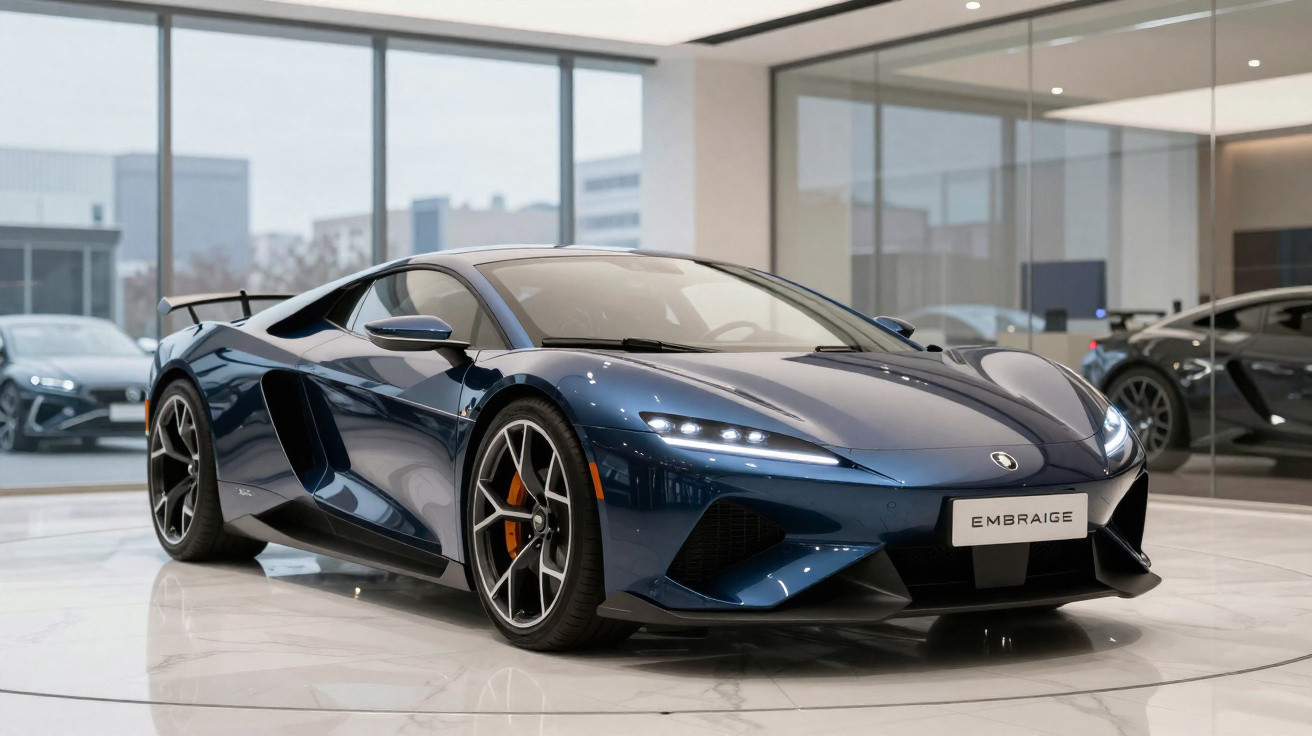 Carro esportivo azul metálico exibido em showroom com piso branco e paredes de vidro.