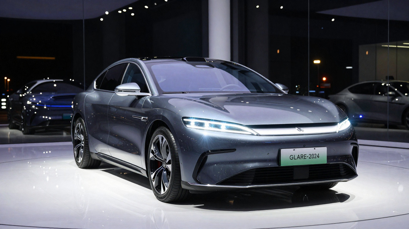 Carro elétrico cinza moderno em exibição com luzes de LED acesas em ambiente interno espelhado.