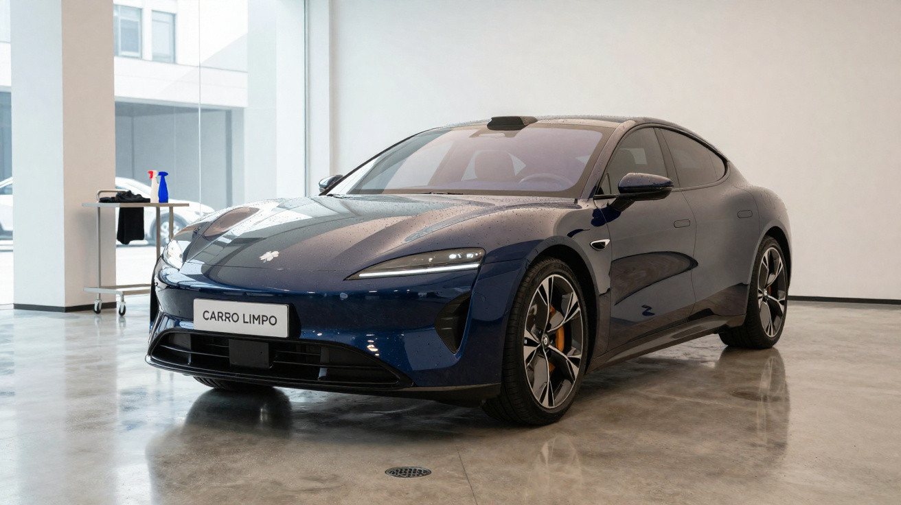Carro esportivo azul escuro limpo estacionado em ambiente interno com piso brilhante e paredes claras.