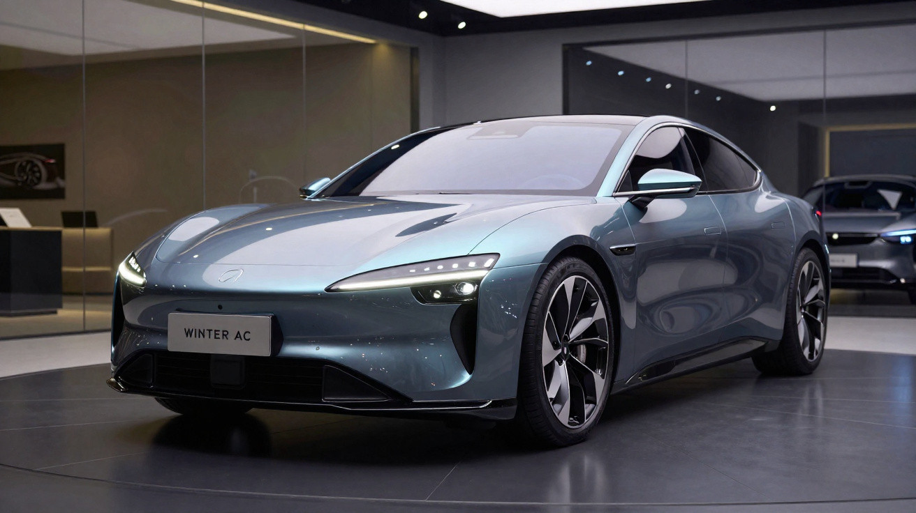 Carro elétrico cinza metálico WINTER AC exibido em salão moderno com iluminação indireta.