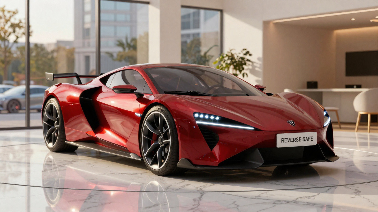 Carro esportivo vermelho com design futurista em showroom moderno com piso de mármore.