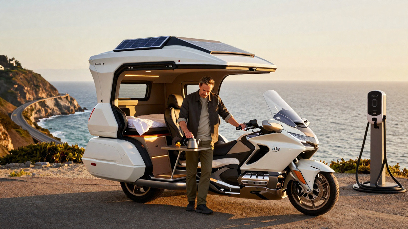 Homem serve chá ao lado de moto elétrica customizada com cabine e painel solar, na beira do mar ao pôr do sol.