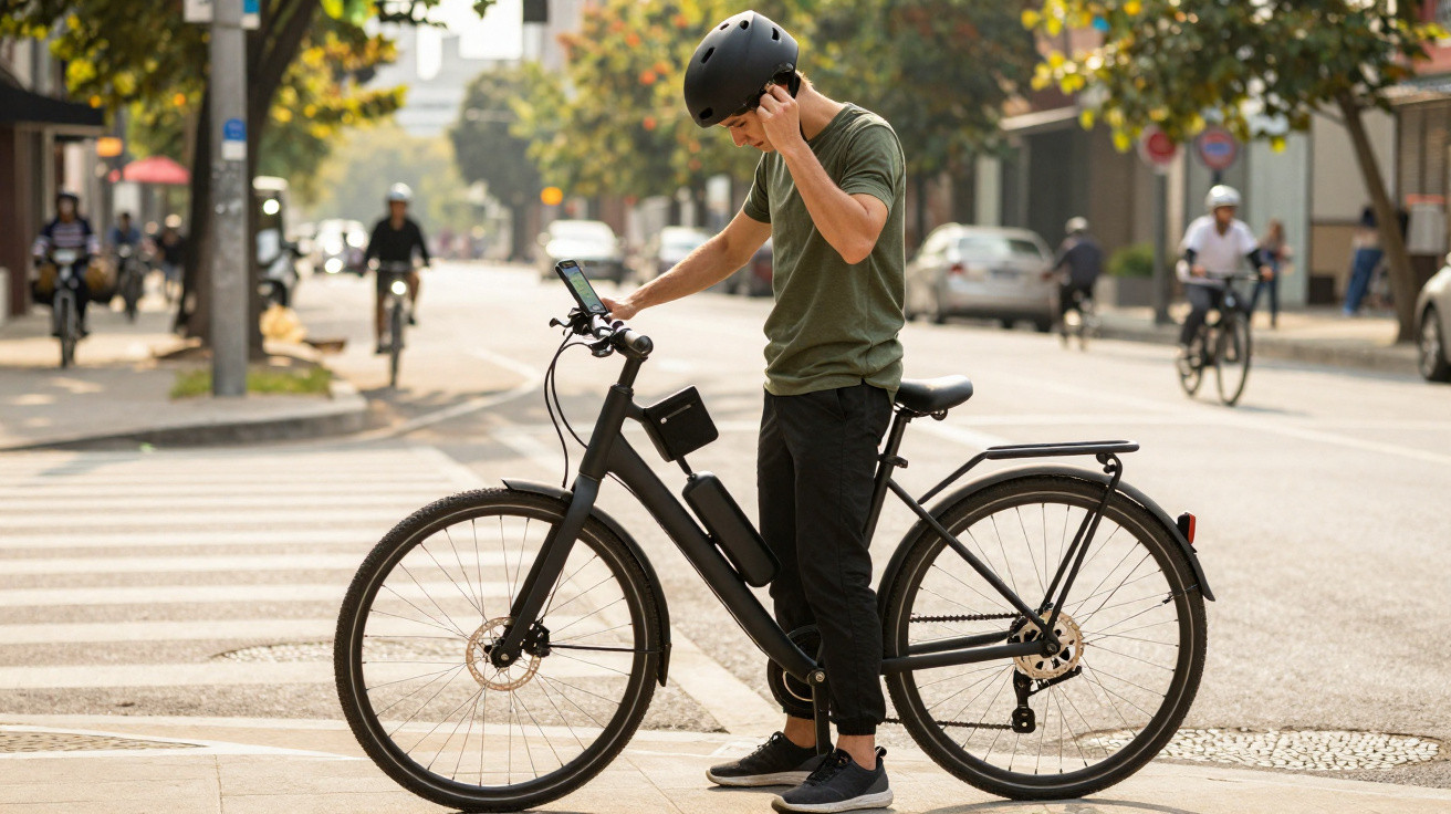 Homem com capacete ajustando o fone ao lado de bicicleta preta em cruzamento movimentado da cidade.