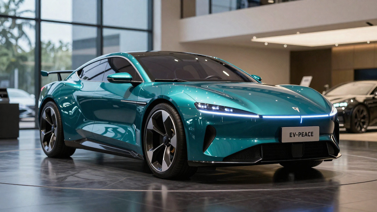 Carro esportivo elétrico verde em exposição em ambiente interno moderno e iluminado.