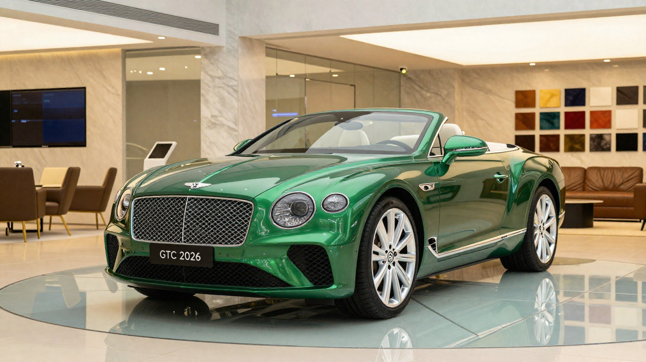 Carro esportivo conversível verde Bentley GTC 2026 exibido em showroom elegante e moderno.