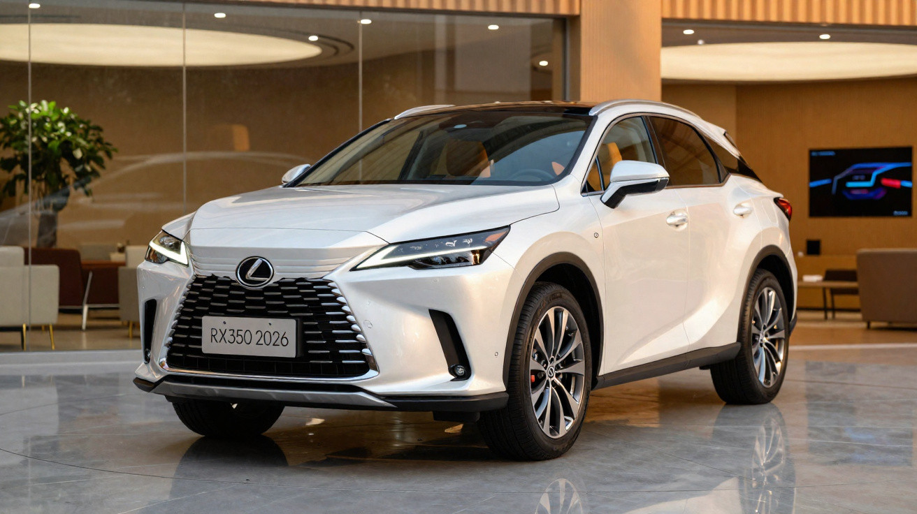 Carro SUV Lexus RX 350 2026 branco em exposição dentro de um showroom moderno.