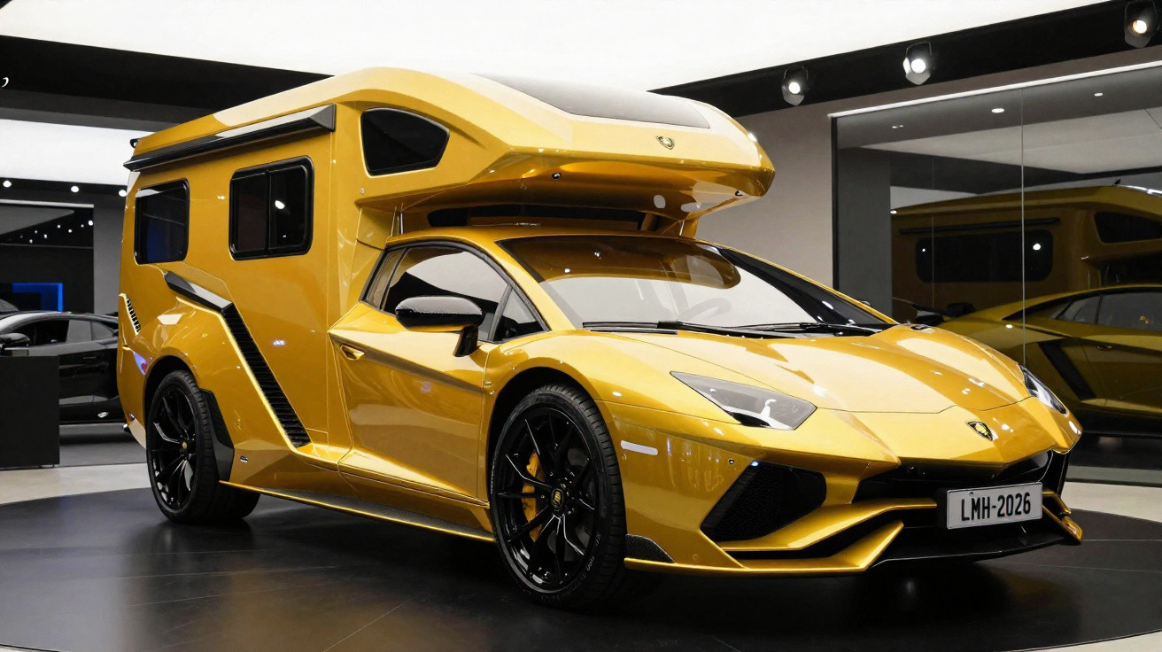 Carro esportivo amarelo modificado com estrutura de motorhome em ambiente interno com piso preto e parede de espelho.