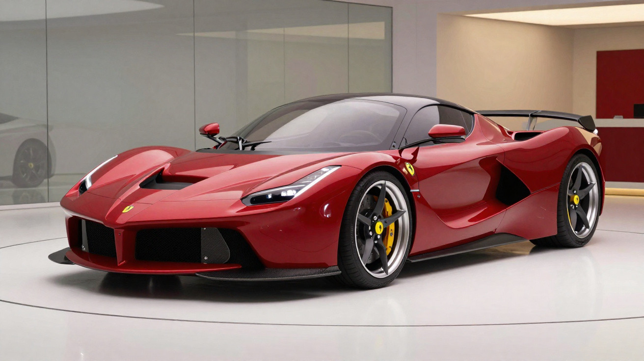 Carro esportivo Ferrari vermelho brilhante estacionado em showroom moderno com piso branco e paredes de vidro.