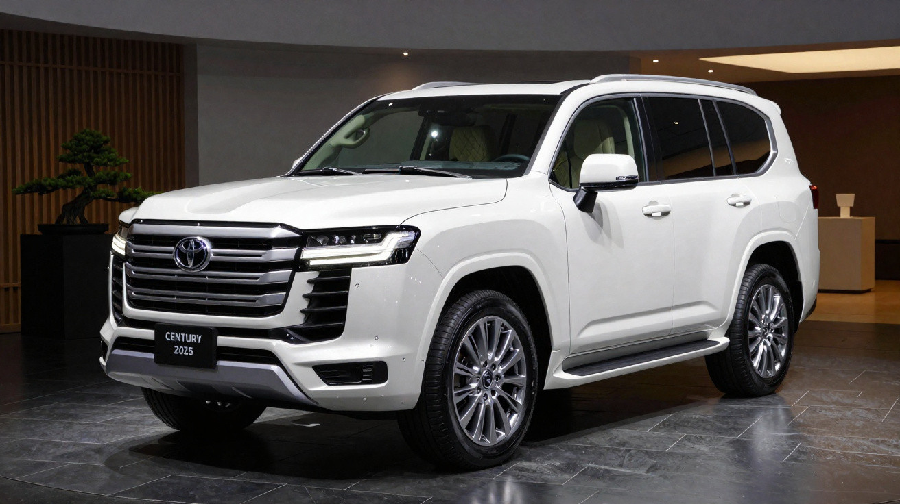SUV Toyota Century 2025 branco exibido em salão interno com piso escuro e iluminação suave.