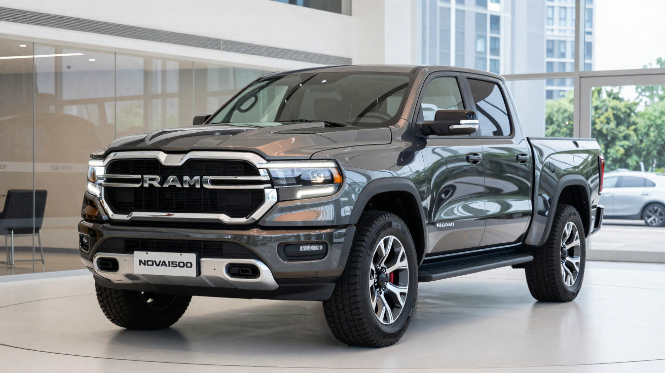 Picape preta RAM 1500 Nagari estacionada em showroom moderno com piso branco e janelas amplas.