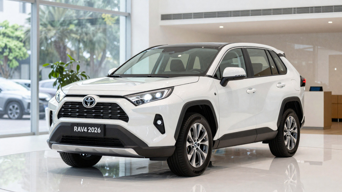 SUV branco Toyota RAV4 2026 em exibição dentro de showroom moderno com piso brilhante.