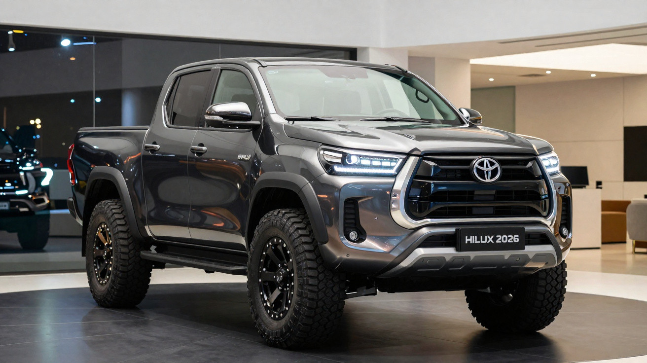 Picape Toyota Hilux 2026 cinza estacionada em ambiente interno moderno e iluminado.