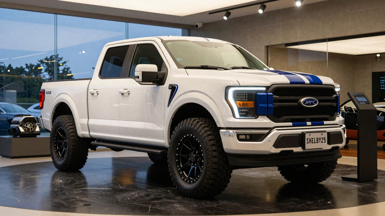 Picape branca Ford com faixa azul exposta em showroom moderno com piso escuro e luzes no teto.