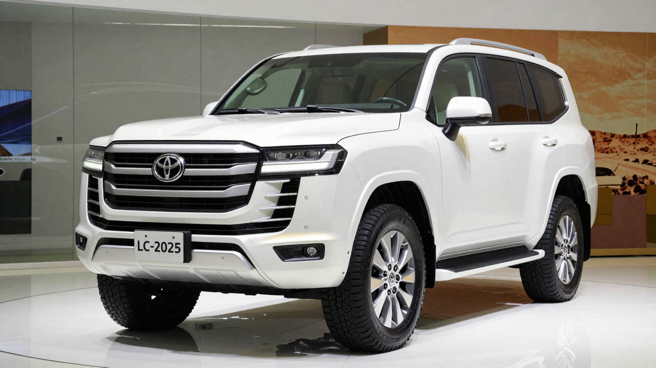 Carro SUV branco Toyota Land Cruiser 2025 exibido em salão de automóveis moderno.