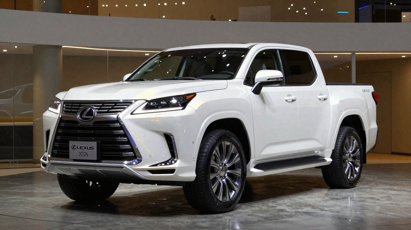Picape branca Lexus 2026 em exposição interna com design moderno e rodas grandes.