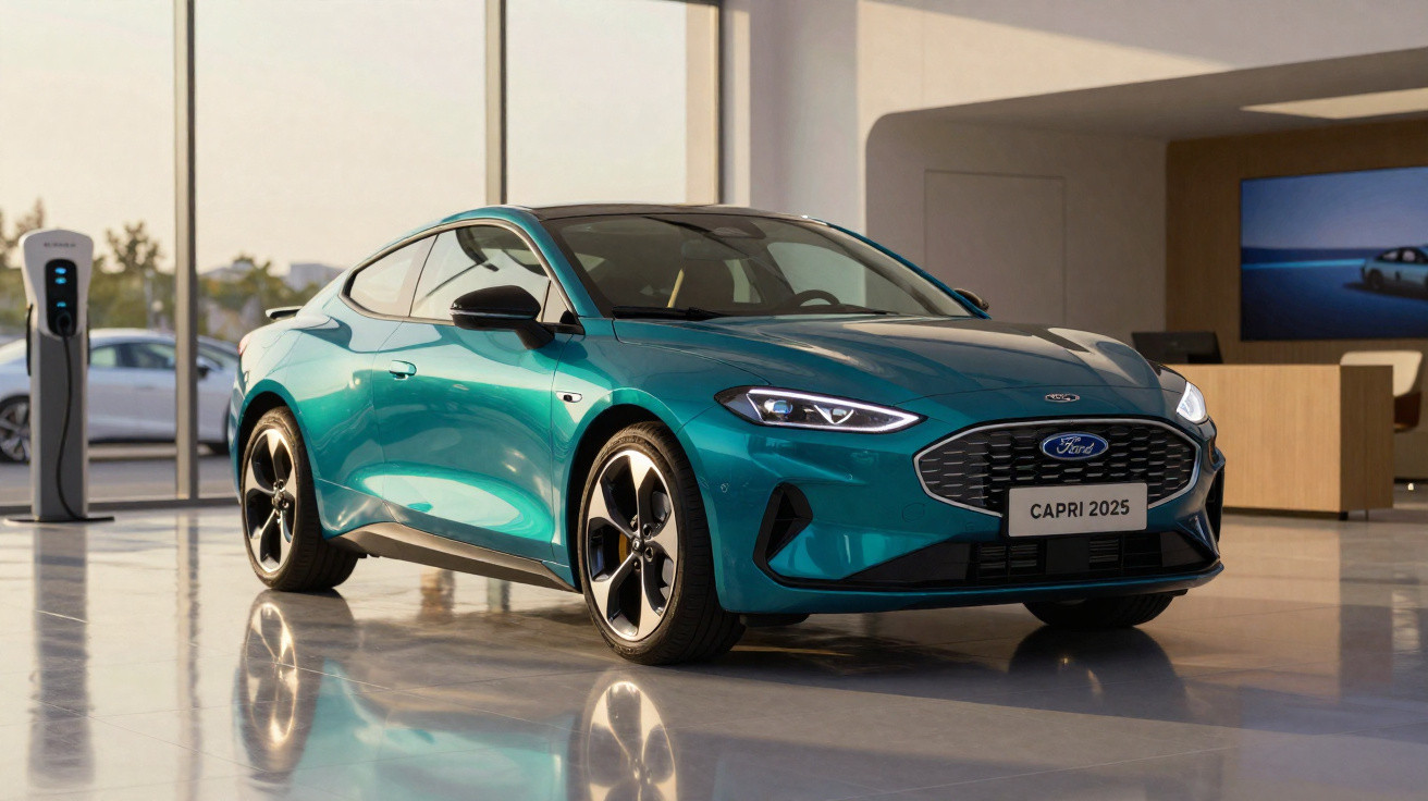 Carro esportivo Ford Capri 2025 azul estacionado em showroom moderno com piso espelhado.
