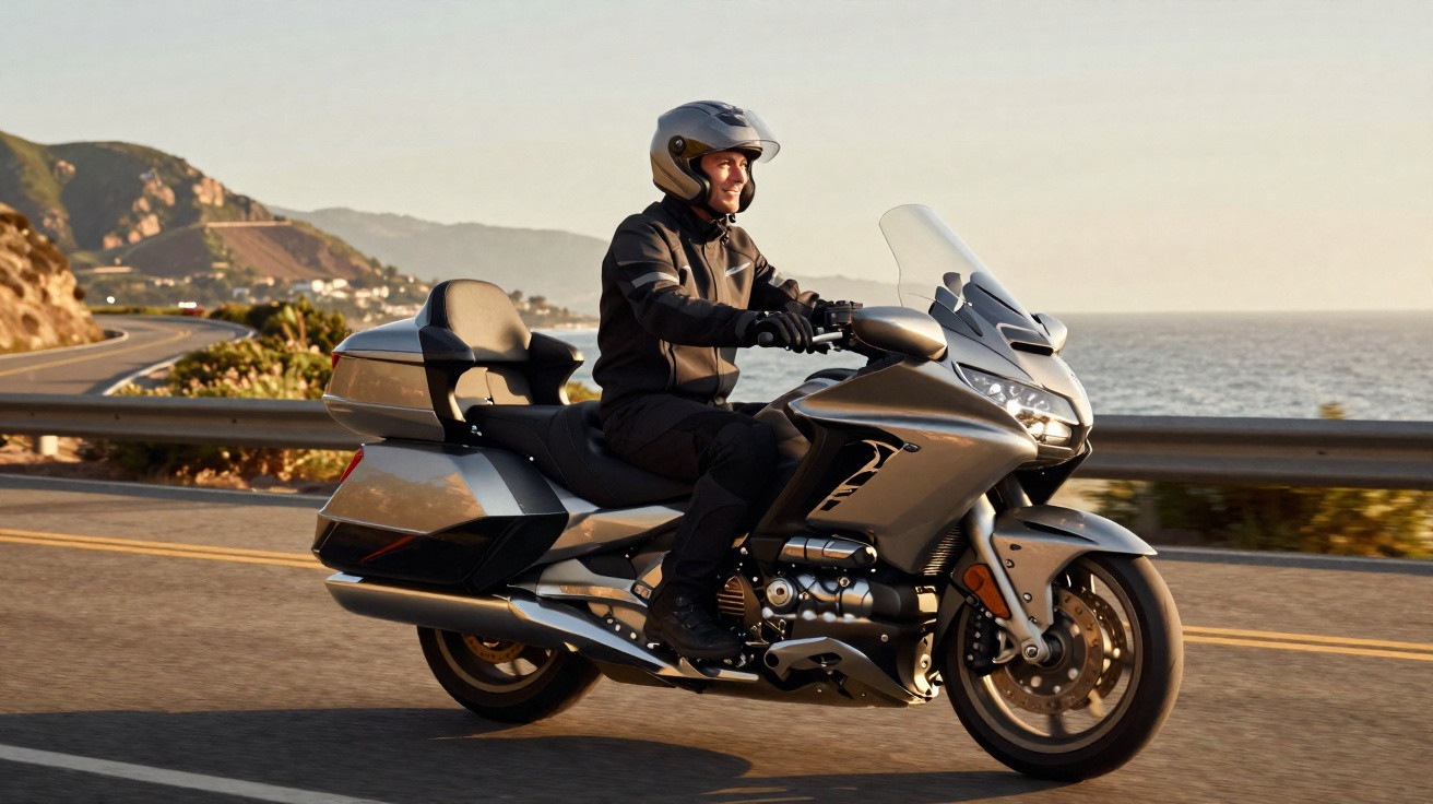 Homem com capacete e roupa preta pilotando motocicleta prata em estrada costeira ao pôr do sol.
