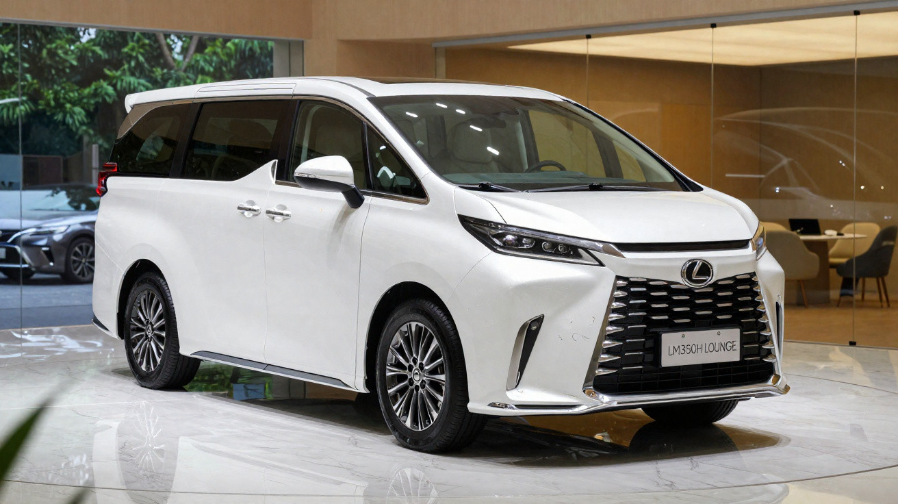 Veículo SUV Lexus LM350h Lounge branco estacionado em ambiente interno sofisticado.