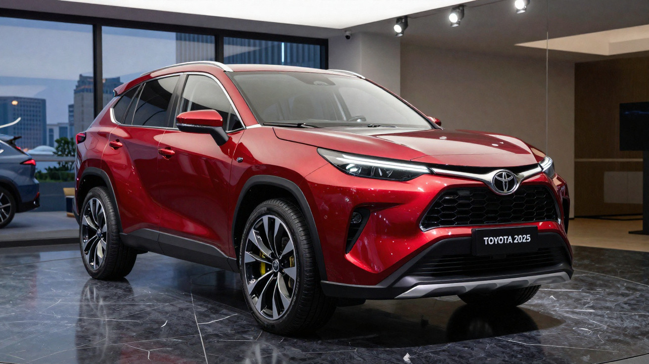 SUV Toyota 2025 vermelho em exposição com design moderno e faróis de LED acesos em ambiente interno.
