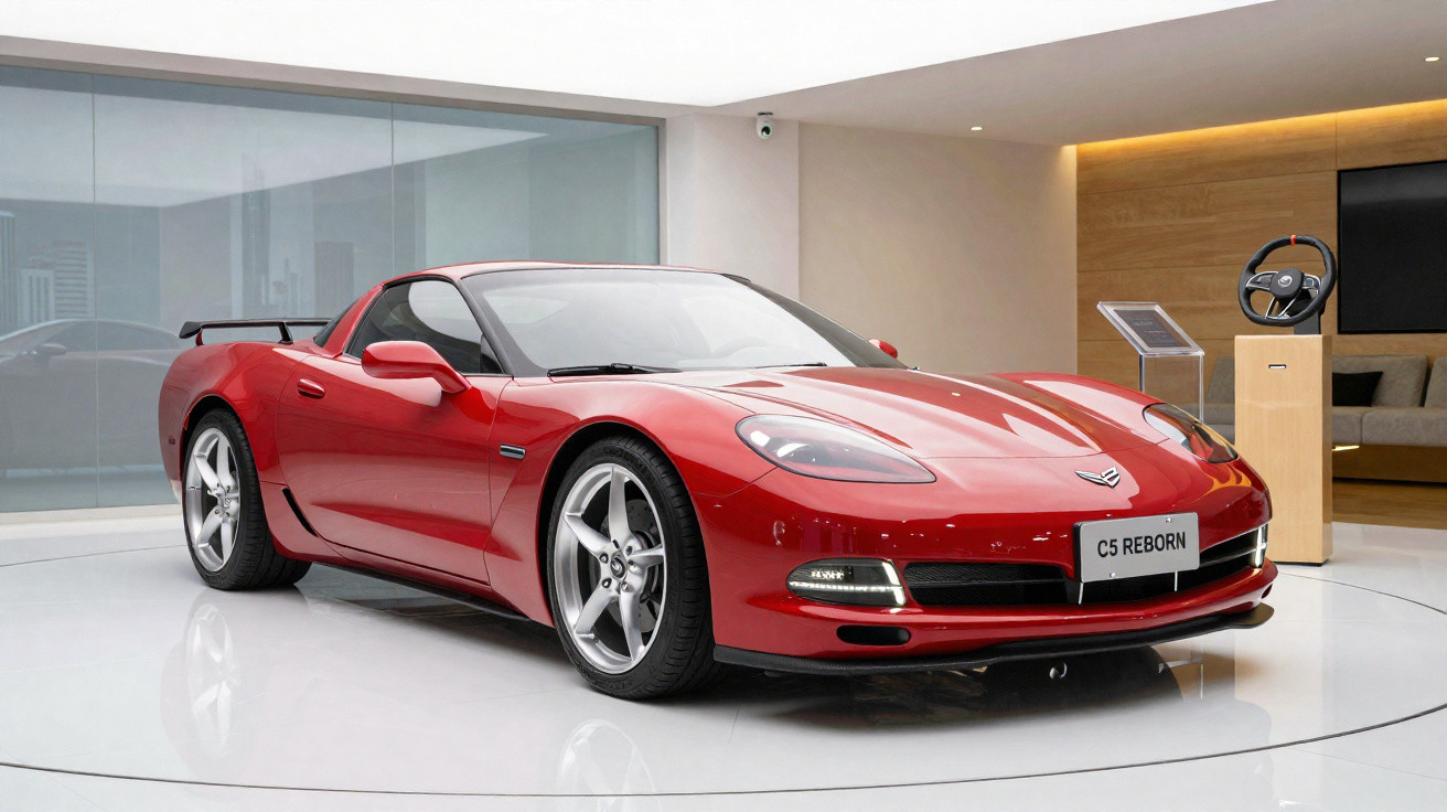 Carro esportivo vermelho Chevrolet Corvette C5 Reborn em exposição em ambiente moderno interno.